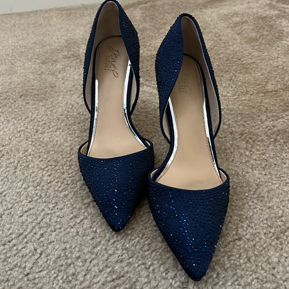 Jewel Badgley Mischka Stiletto, Women’s 8.5, Blue w/Rhinestones.